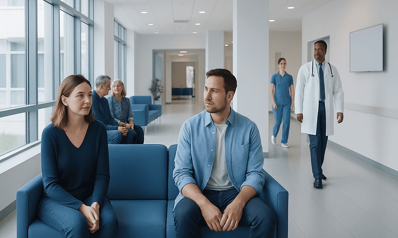Patients waiting in a modern hospital corridor with medical staff nearby.
