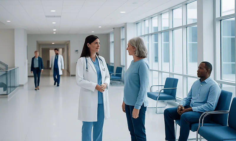 Doctor talking to a patient in a hospital corridor with waiting area.