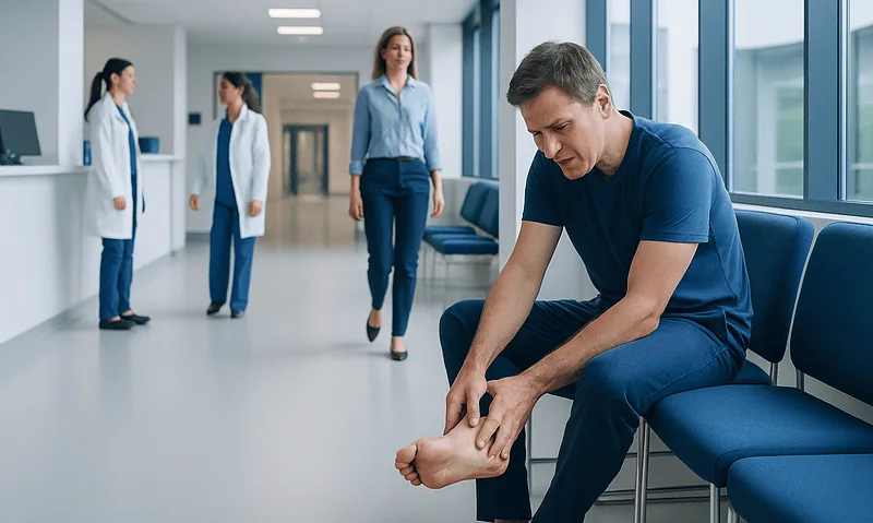 Man with foot pain in hospital corridor, healthcare professionals in background.
