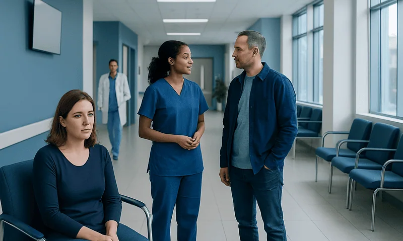 Patients and healthcare professionals in a hospital corridor.