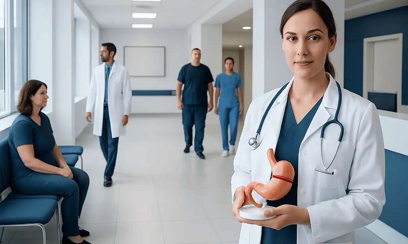 Female doctor holding a gastric band model in hospital corridor.