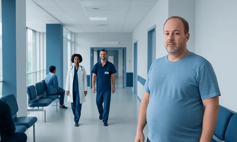 Patient waiting in hospital corridor with medical staff approaching.