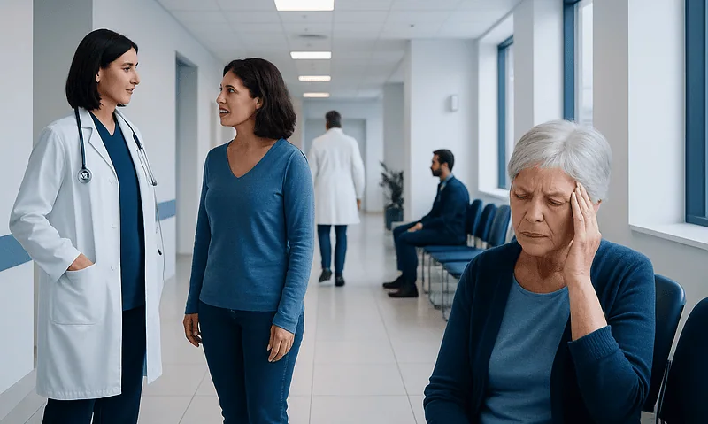 Patient experiencing headache in hospital corridor with medical staff nearby.