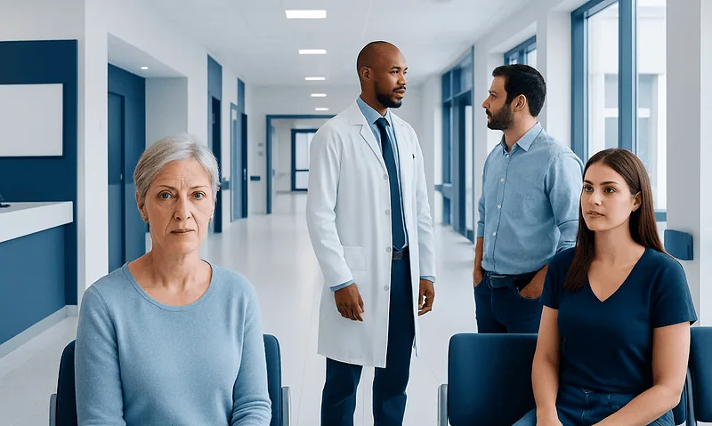 Medical consultation in a modern hospital corridor with diverse patients and doctor.