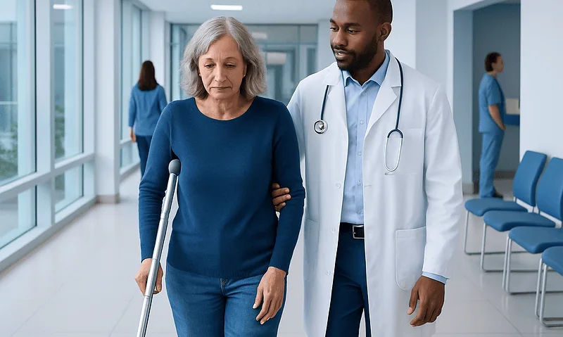 Hip Replacement Precautions: Procedure, Recovery and Results 6 Doctor assisting elderly woman with walking in hospital corridor.