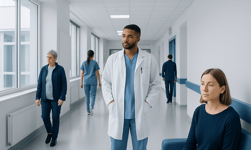 Healthcare professionals and patients in a hospital corridor.