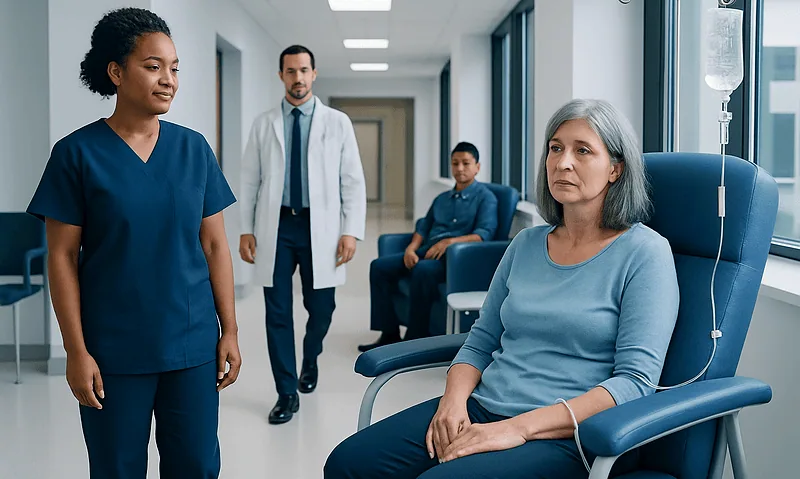 Patient receiving infusion therapy in a hospital setting with medical staff nearby.