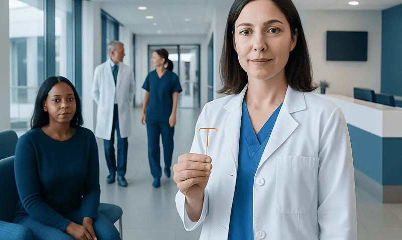 Female doctor holding IUD string in a modern hospital corridor.