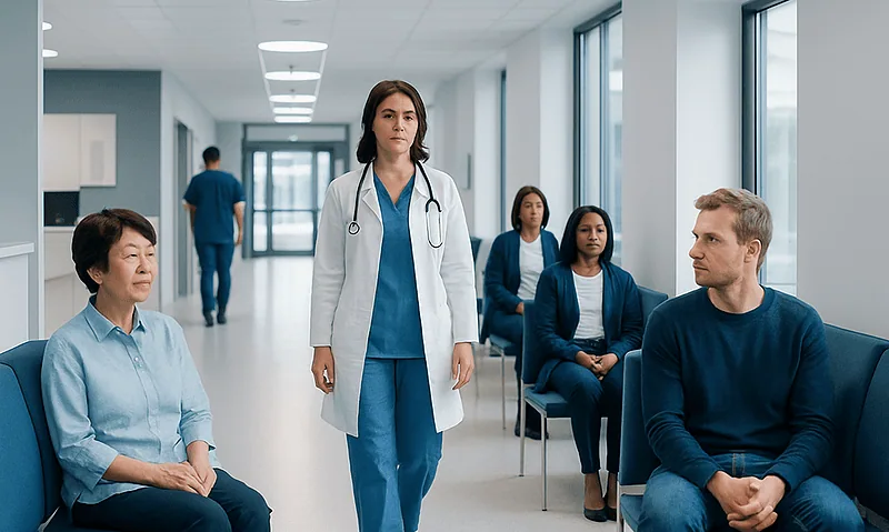 Healthcare professionals and patients in a hospital corridor.