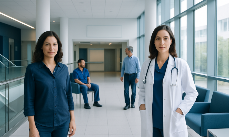 Medical professionals in a hospital corridor with patients in the background.