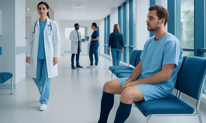 Patient waiting in hospital corridor with medical staff nearby.