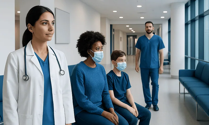 Healthcare professionals and patients in a hospital corridor at Acibadem Hospitals Group.
