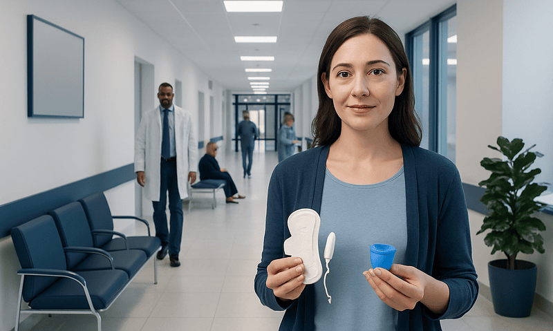 Woman holding menstrual hygiene products in a hospital corridor.