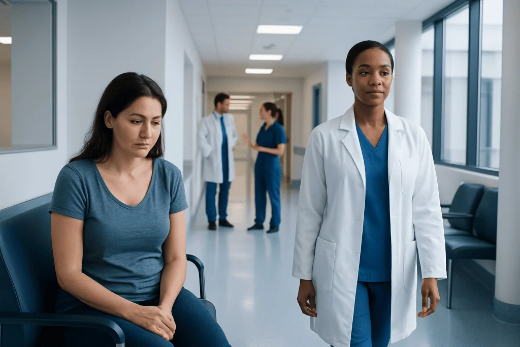 Mommy makeover Risks & Side Effects Explained by Surgeons 1 Patient waiting in hospital corridor with medical staff nearby.