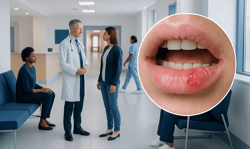 Doctor consulting patient about oral health with a focus on mouth sores.