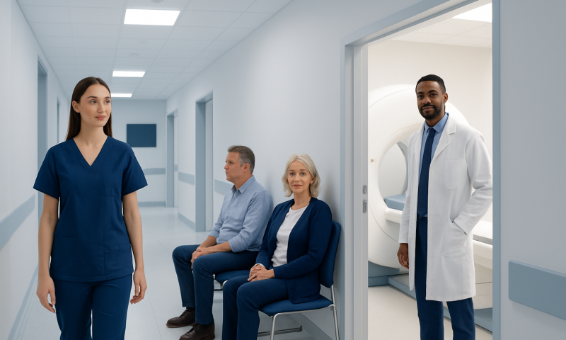Medical staff and patients in hospital corridor with MRI room in background.