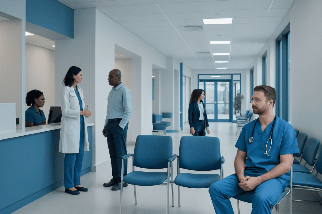 How Mucolytic Drugs Help Clear Airway Mucus 1 Hospital waiting area with medical staff and patient at Acibadem Hospitals Group.