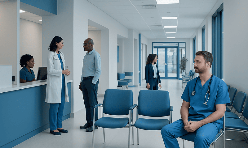 Hospital waiting area with medical staff and patient at Acibadem Hospitals Group.