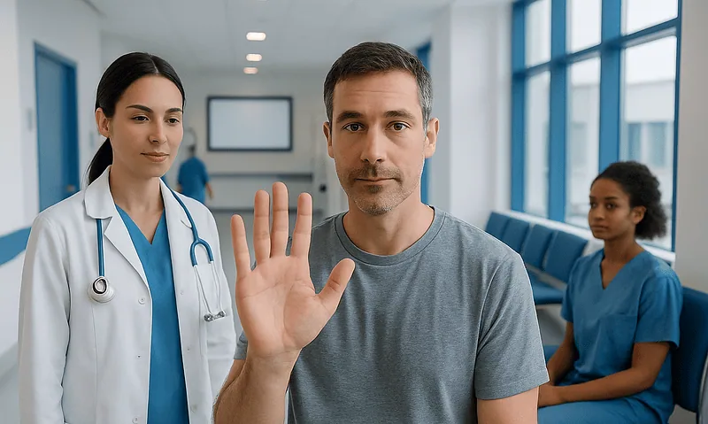 Patient showing his hand in a medical consultation at Acibadem Hospital.