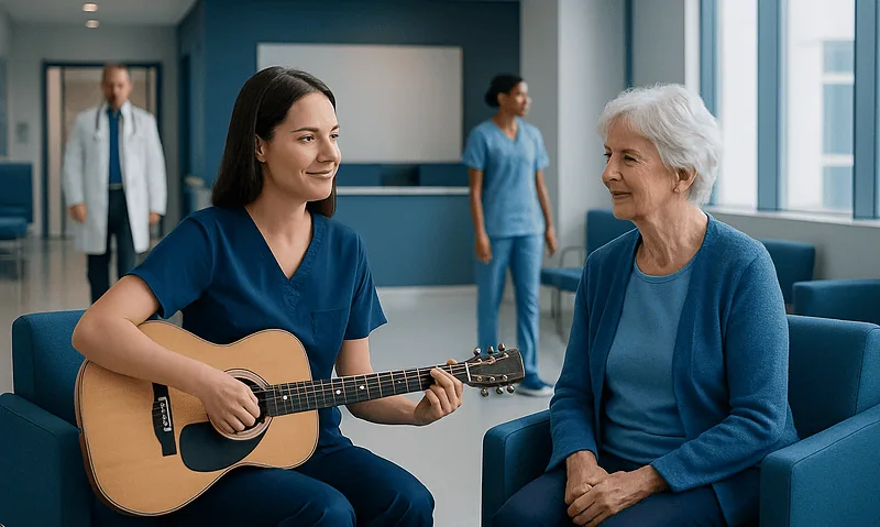 Nurse playing guitar for elderly patient in hospital lounge.