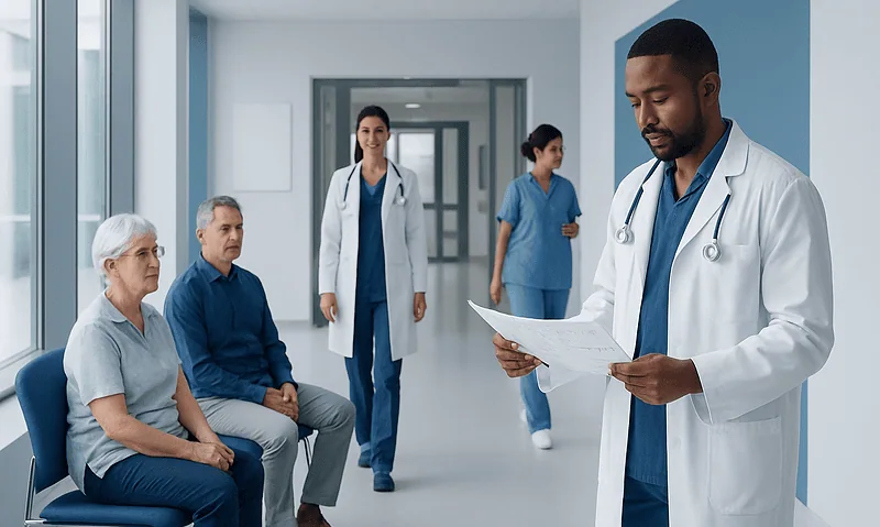 Medical team consulting elderly patients in hospital corridor.