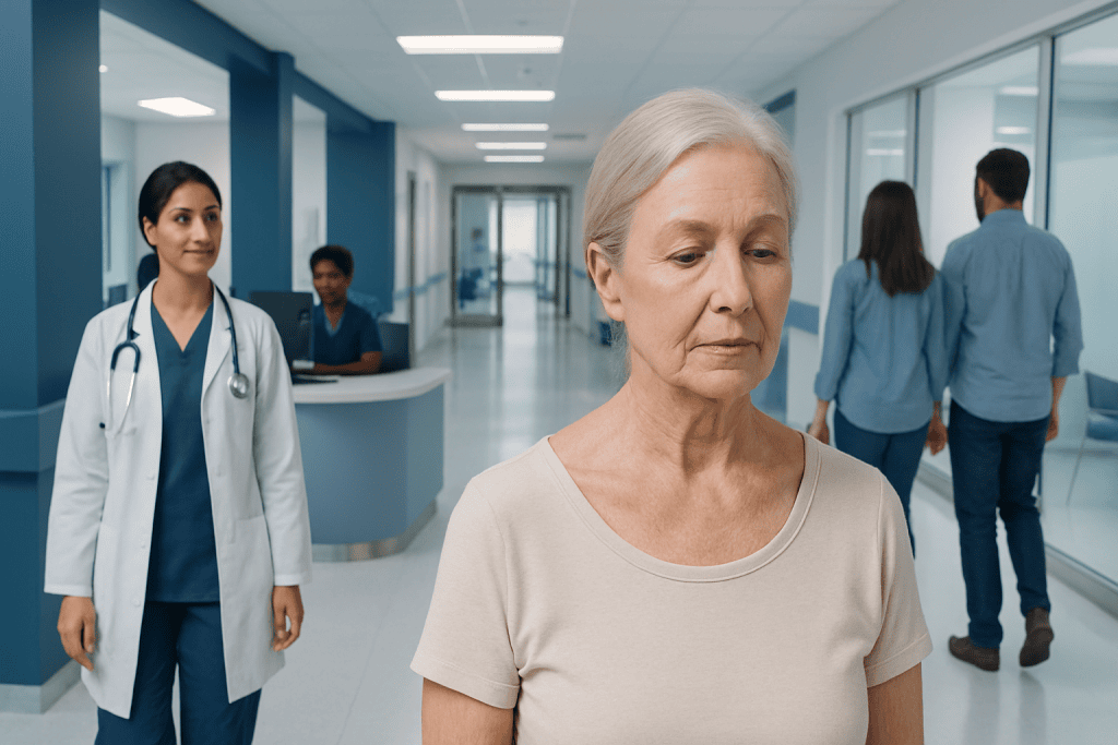 Neck Wrinkles: Causes, Prevention, and Treatment Options 1 Elderly woman with neck wrinkles in a hospital corridor.