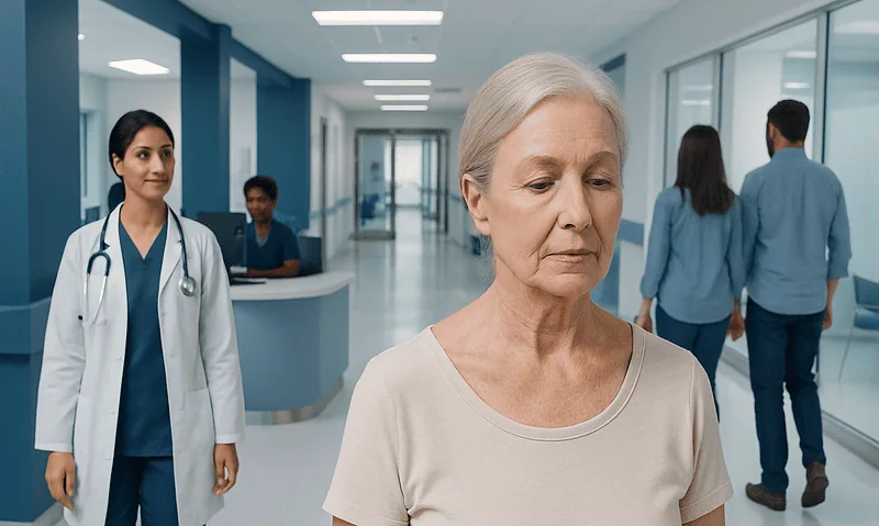 Elderly woman with neck wrinkles in a hospital corridor.