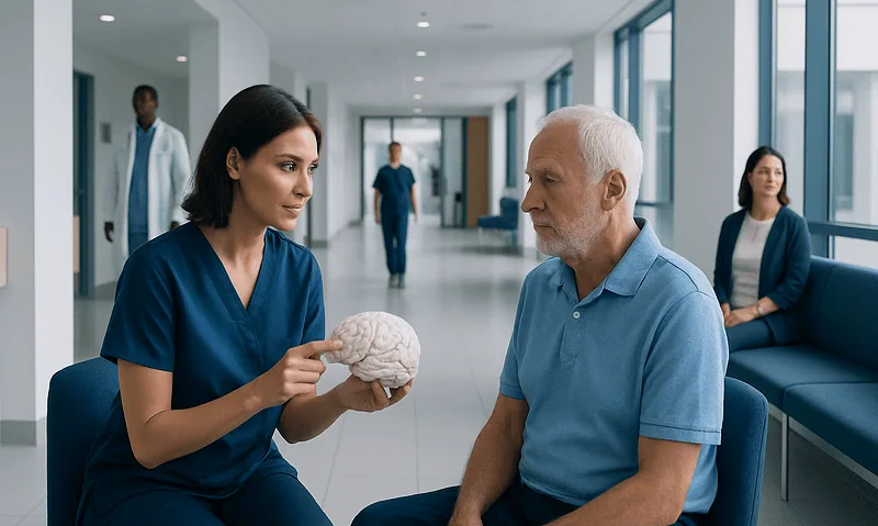 Medical professional explaining brain to senior patient in hospital corridor.