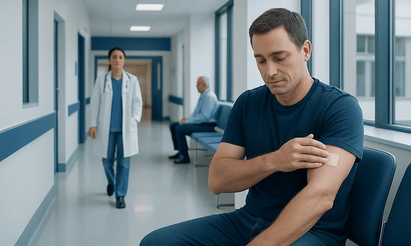 Man receiving a vaccination in a hospital corridor.