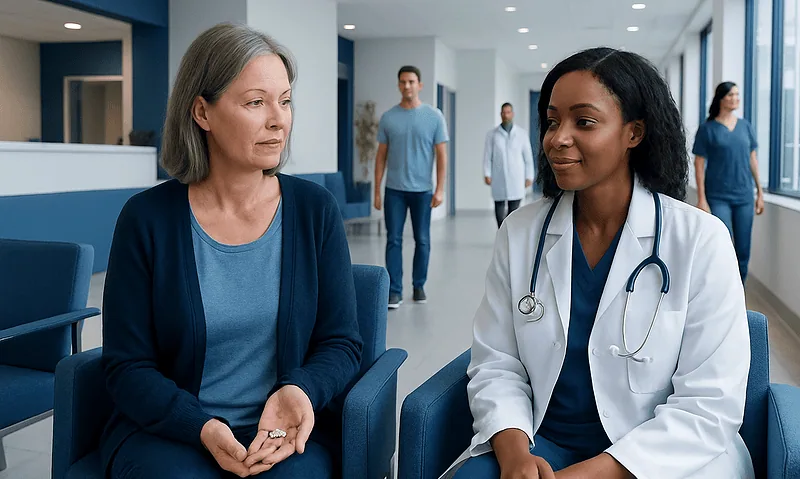 Doctor consulting with a patient in a hospital corridor.