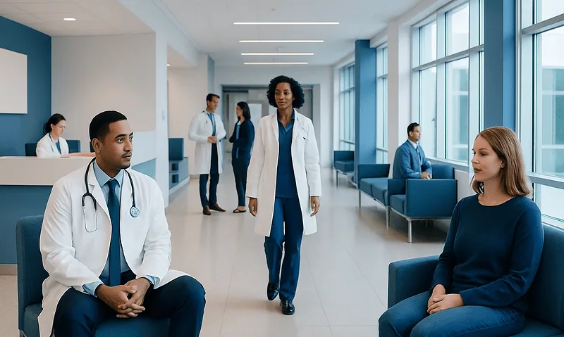 Medical professionals and patients in a modern hospital corridor.