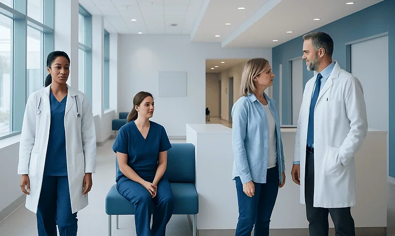 Medical professionals and patient in a hospital corridor at Acibadem Hospitals Group.