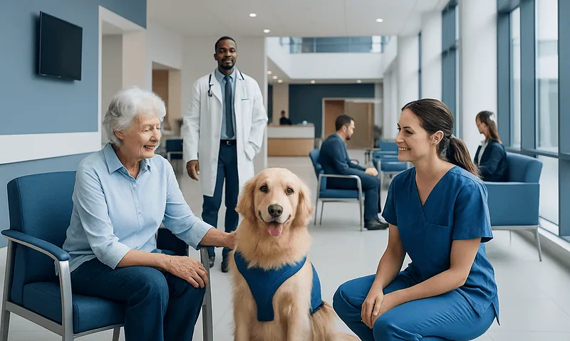 Elderly woman and nurse with therapy dog in hospital lobby.