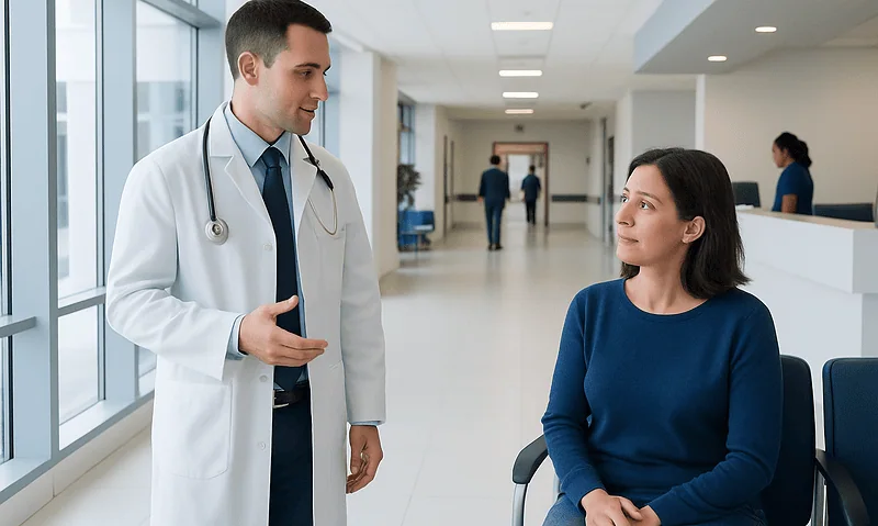 Doctor consulting with a patient in a hospital corridor.