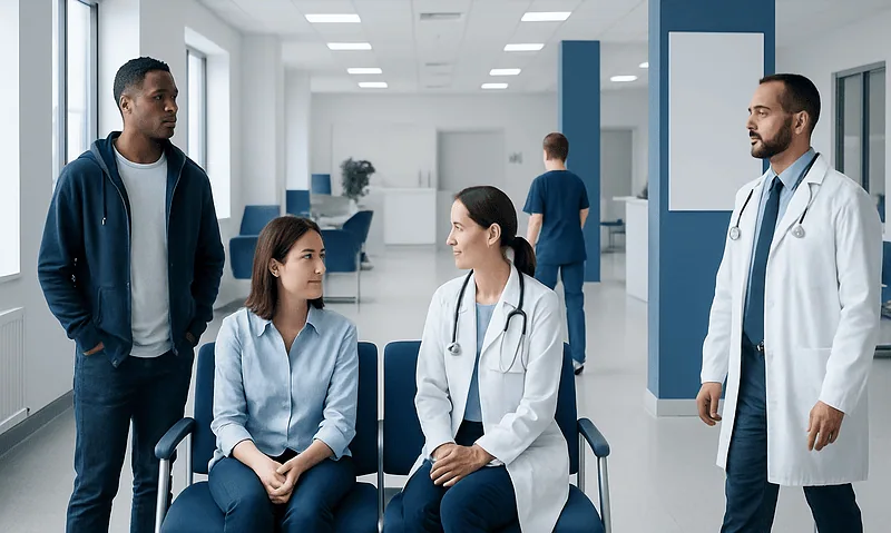 Medical consultation with doctors and patient in hospital corridor.