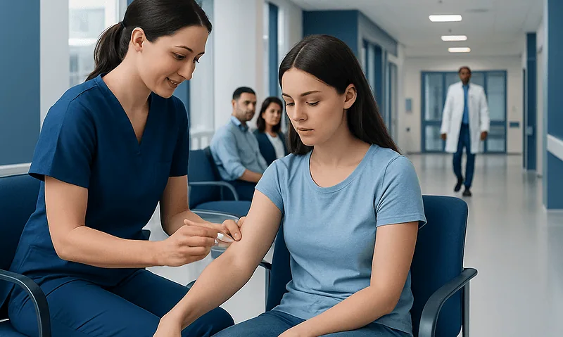 Nurse administering polio vaccine to young woman in hospital setting.