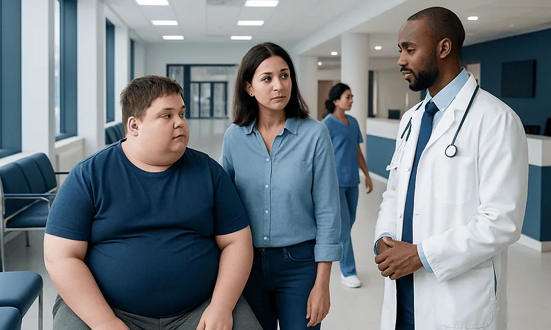 Doctor consulting with a young patient and his mother in a hospital corridor.