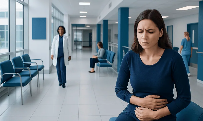 Health Library 8 Young woman with stomach pain in hospital corridor.