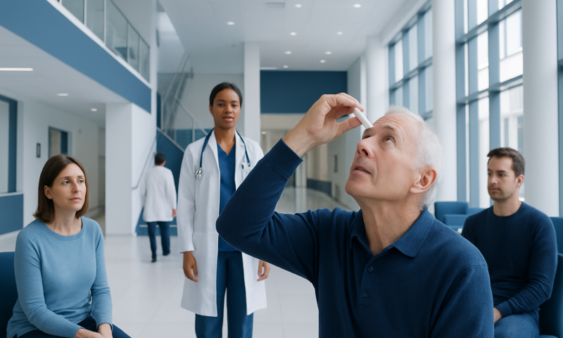 Senior man receiving eye drop treatment in a modern hospital setting.