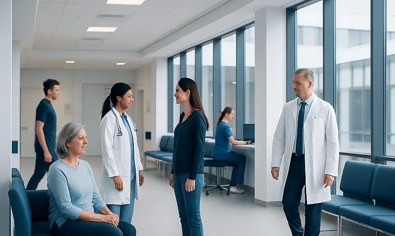 Medical consultation in a modern hospital corridor with doctors and patients.