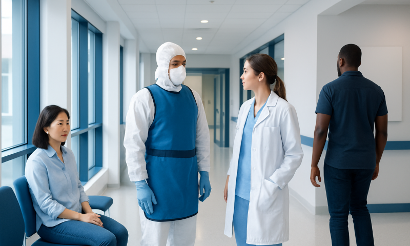 Medical team discussing patient care in hospital corridor.