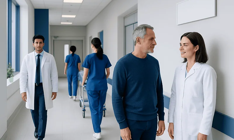 Healthcare professionals and patients in a hospital corridor at Acibadem Hospitals Group.