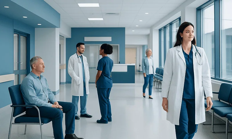 Medical professionals and patient in a modern hospital corridor.