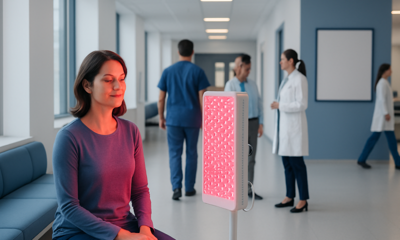 Woman undergoing red light therapy treatment in a hospital setting.