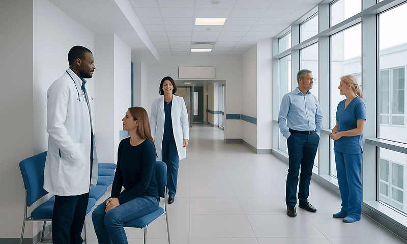 Medical professionals and patient in hospital corridor at Acibadem Hospitals Group.