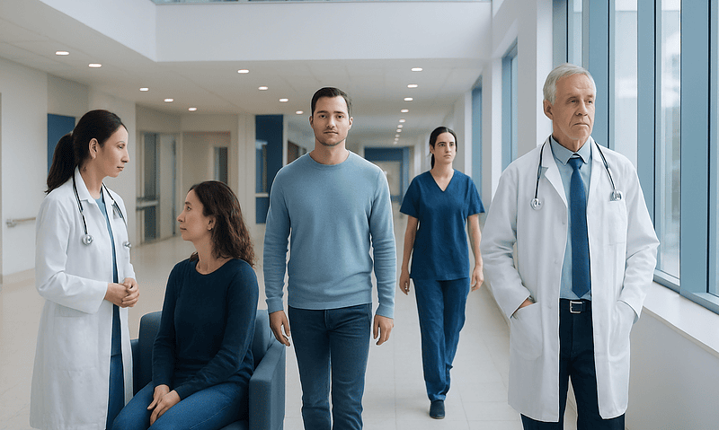Medical team and patient in hospital corridor at Acibadem Hospitals Group.