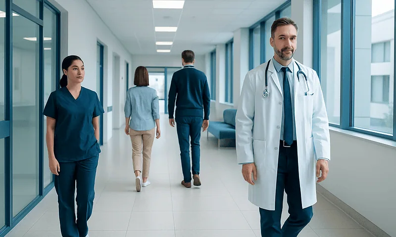 Healthcare professionals walking in a hospital corridor with a doctor in the foreground.
