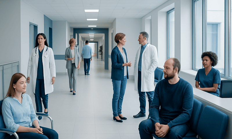 Medical professionals and patients in a hospital corridor at Acibadem Hospitals Group.