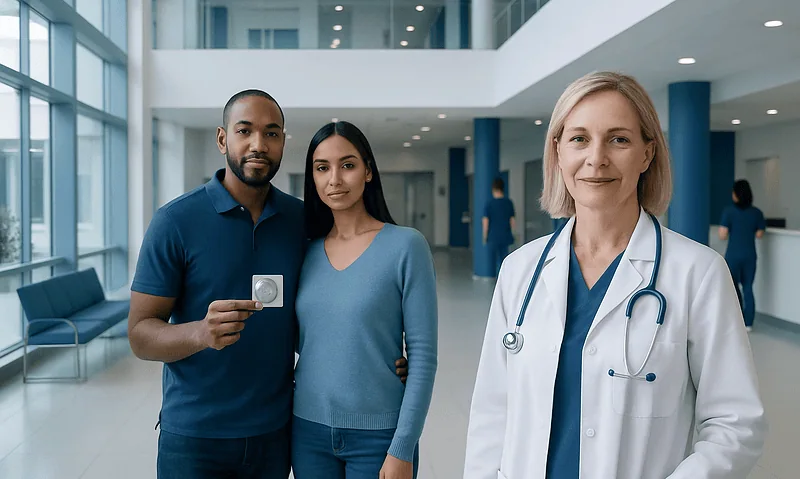 Diverse group of patients and doctor in modern hospital lobby.