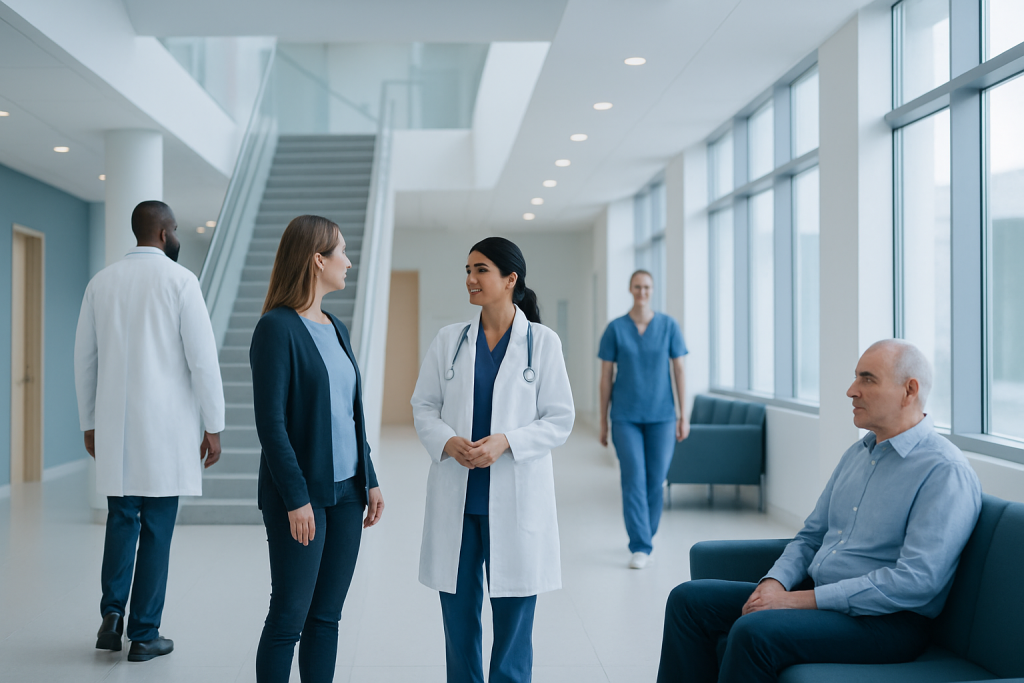 Stem Cells for Cancer Therapy: How It Works, Results and What to Expect 1 Medical team discussing patient care in a modern hospital corridor.